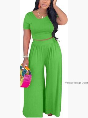 Large Polyester Spandex Backless Crop Top Wide Leg Pant Set